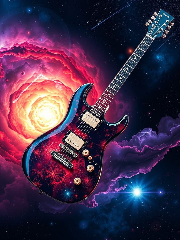 Glass Guitar Double Exposure with Space Scene
