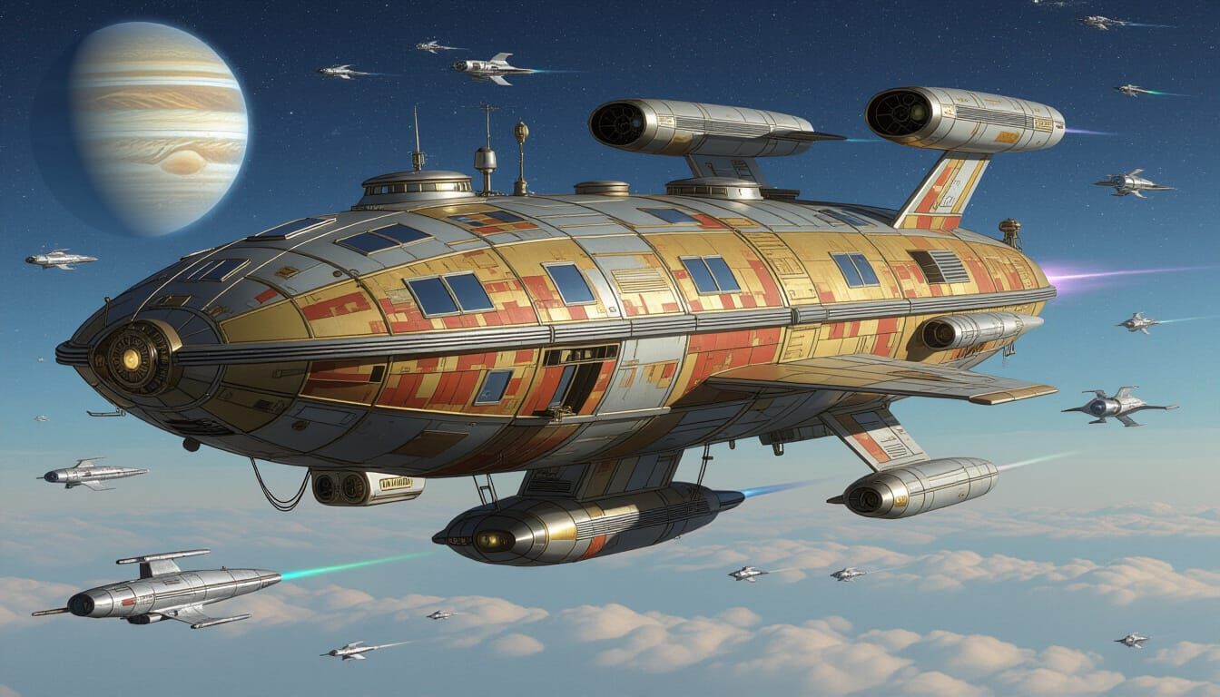 Steampunk Starship Orbiting Planet in Sci-Fi Style
