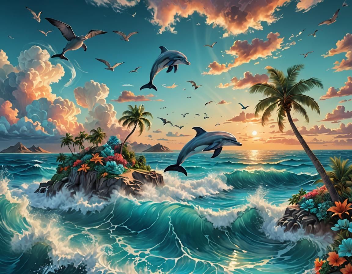 Dreamy Island Sunset: Surreal Digital Art