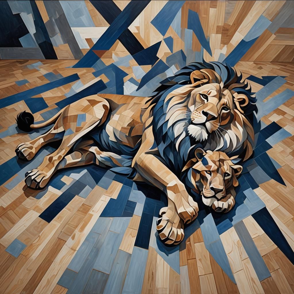 Abstract Cubist Lion in Midnight Blue and Gray