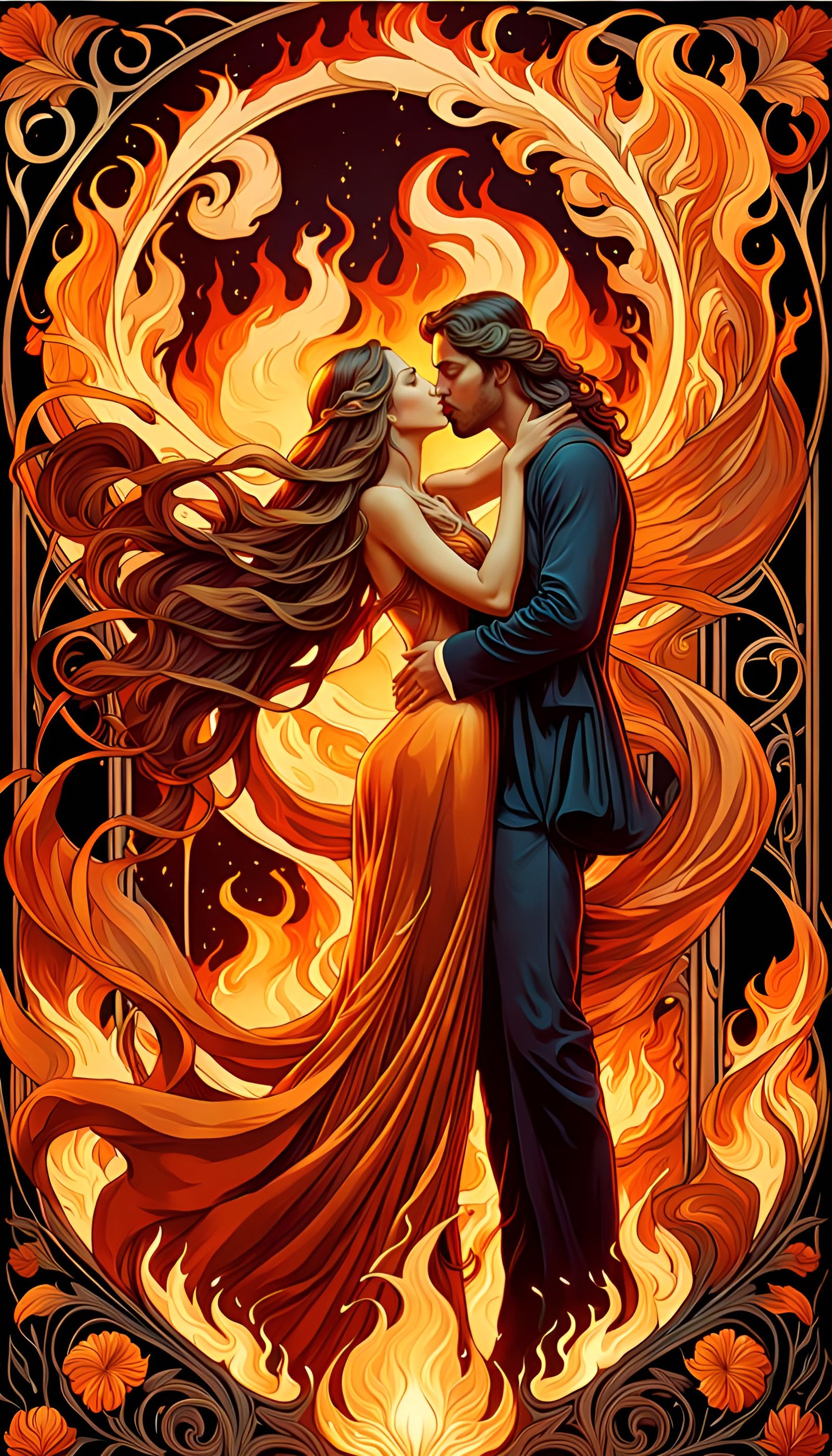 Passionate Kiss in Flames: An Art Nouveau Poster