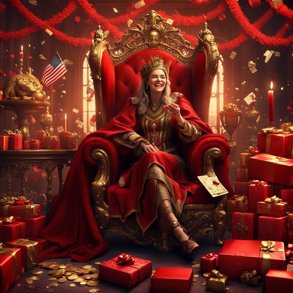 Laughing Queen on Red Throne in Fantasy Art