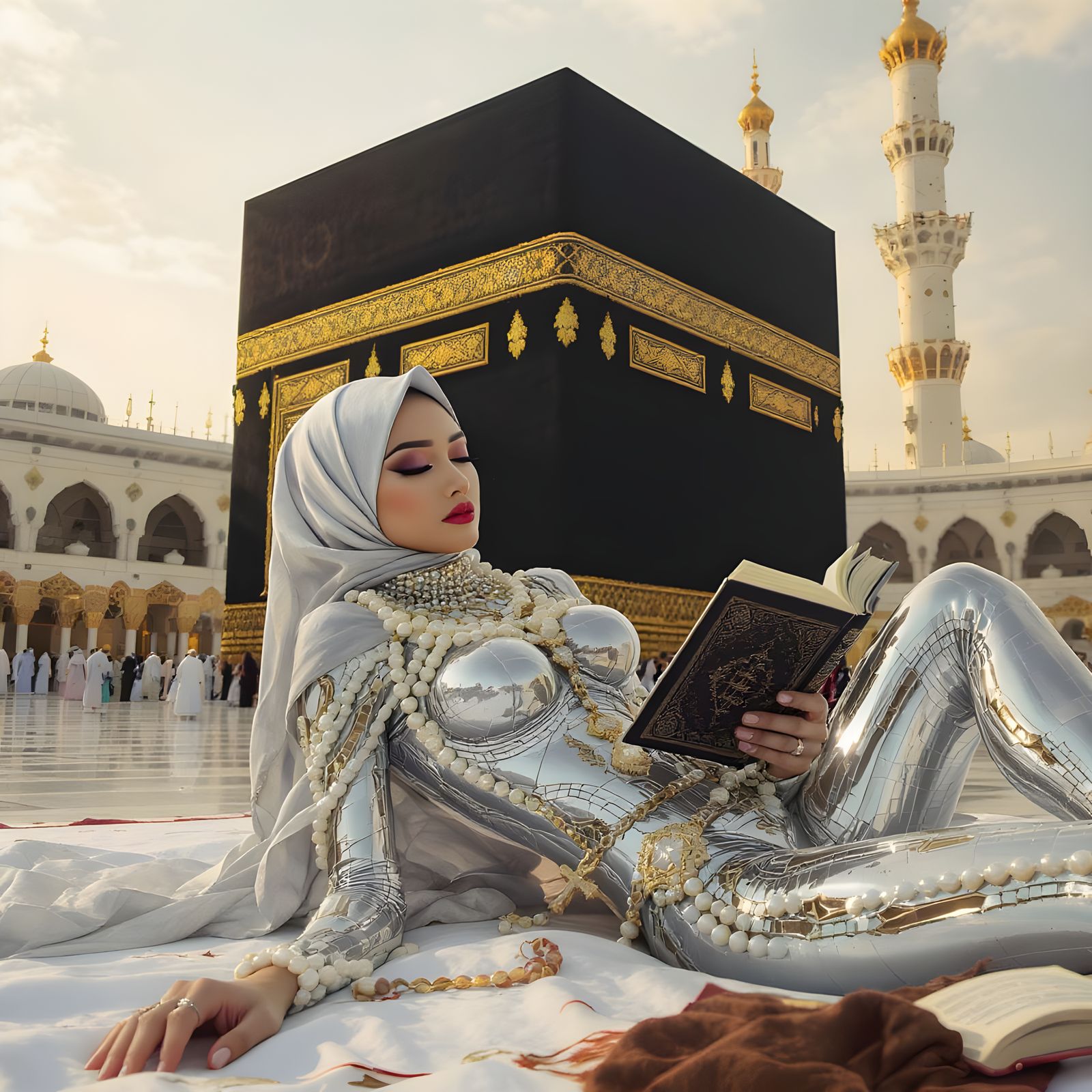 Woman in Hijab Reading Quran in Cyberpunk Style