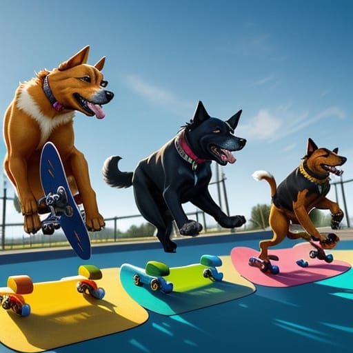 Dogs Skateboarding in Park, Vibrant Oil Painting Style