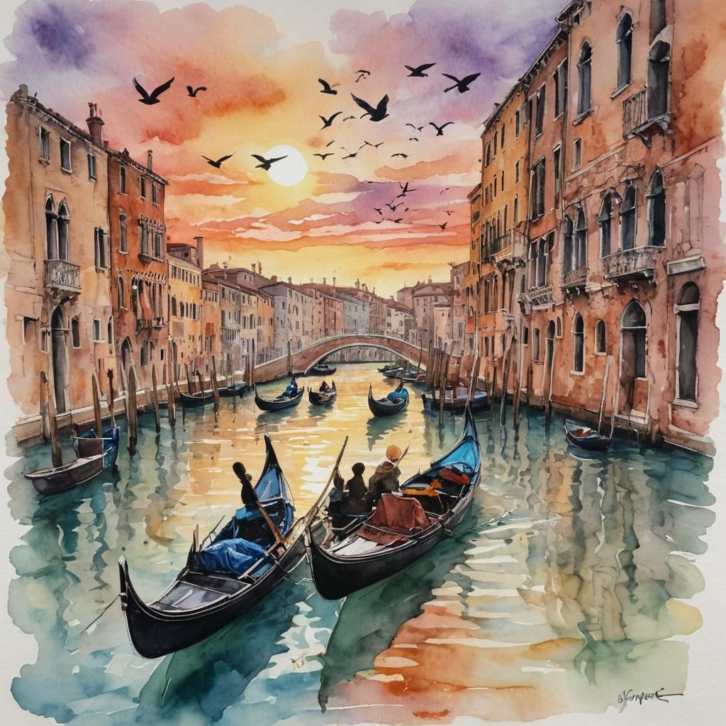 Venice Gondola at Sunset: Alcohol Ink Illustration