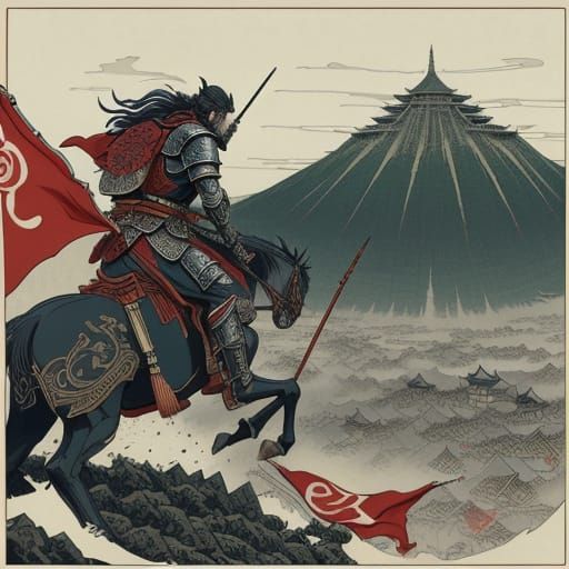Ukiyo-e Battle Scene: Rohirrim Charge at Minas Tirith