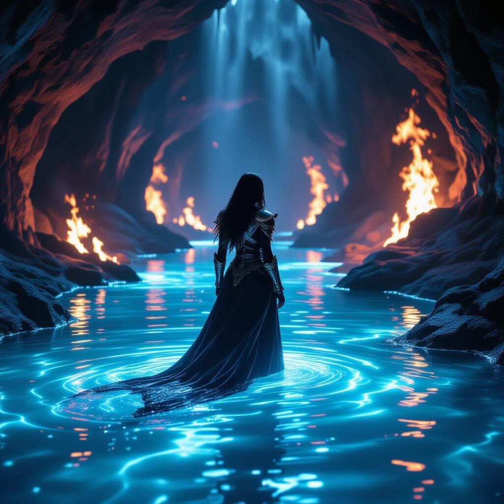 Woman in Fiery Cavern River