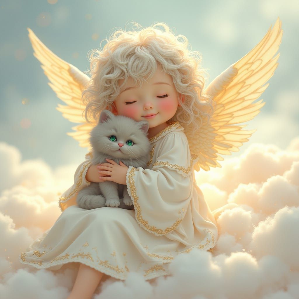 Angel Sits Serenely with Scottish Fold Cat on Lavender Cloud