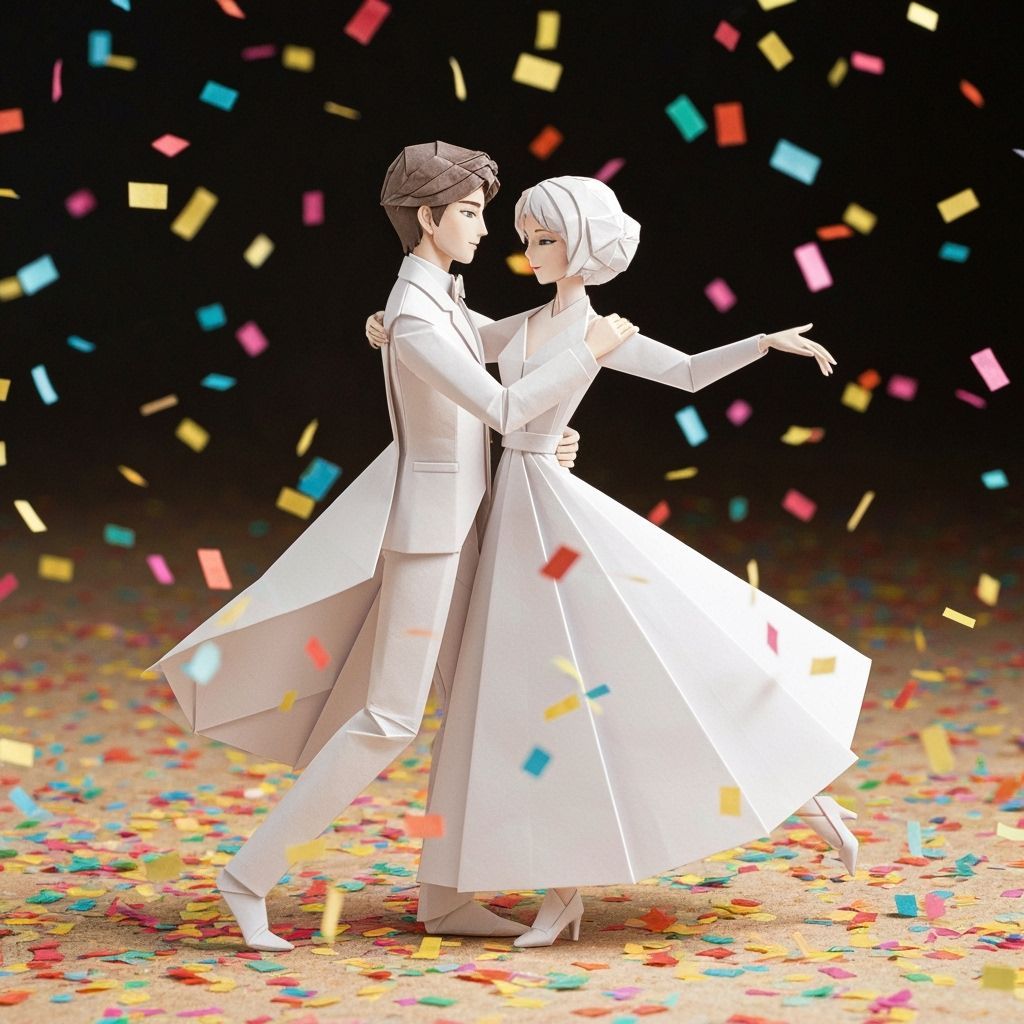 Origami Couple Waltzing in Paper Confetti
