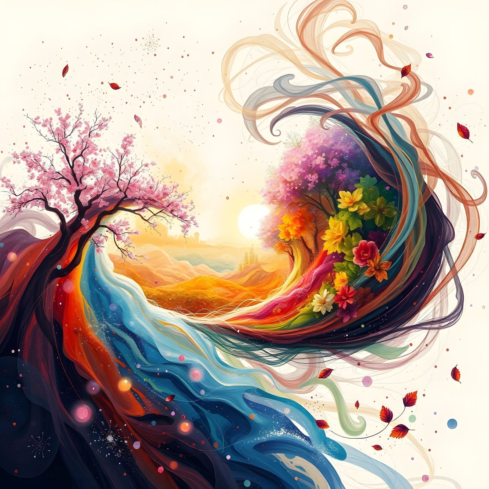 Vibrant Abstract Landscape with Swirling Seasons