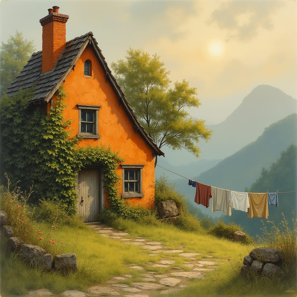 Misty Sunset at Ivy-Covered Cottage: Watercolor Style