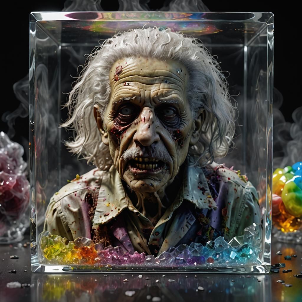 Zombie Einstein in Crystal Cube: Hyperrealistic 3D Art