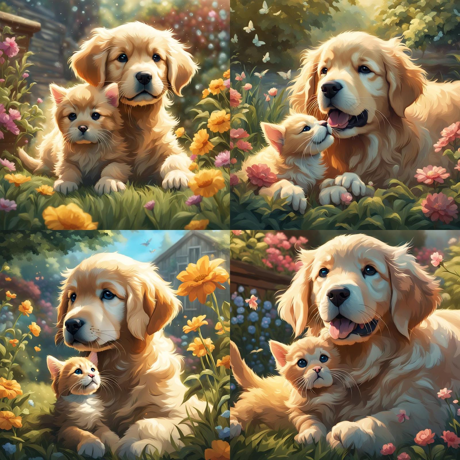 Puppy and Kitten Playtime: Hyperdetailed Garden Portrait