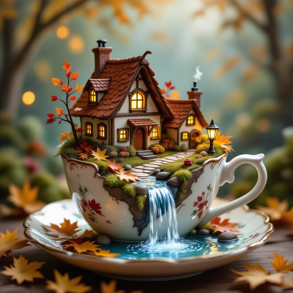 Miniature Autumn Village in Teacup with Glowing Windows