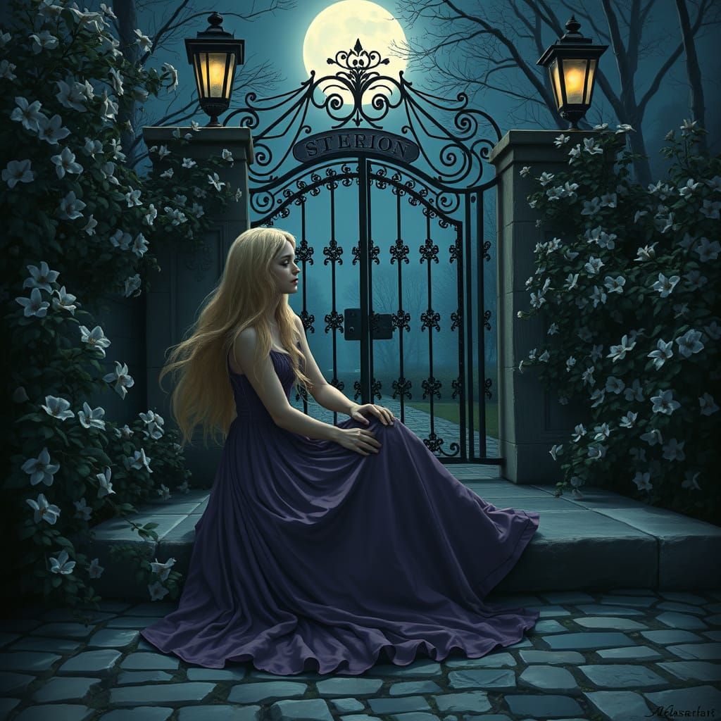 Moonlit Garden Contemplation in Gothic Romance Style