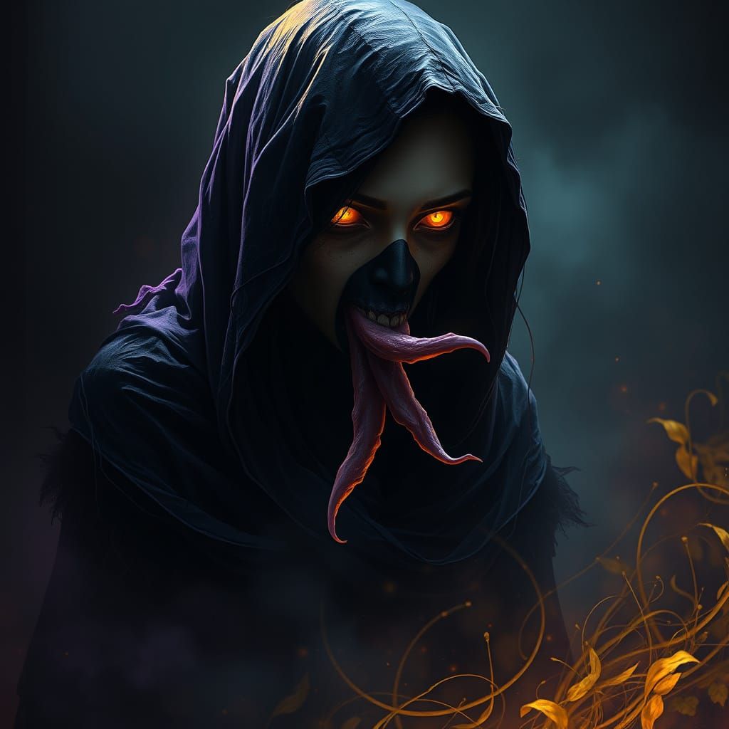 Mysterious Female Figure with Glowing Eyes in Dark Fantasy A...