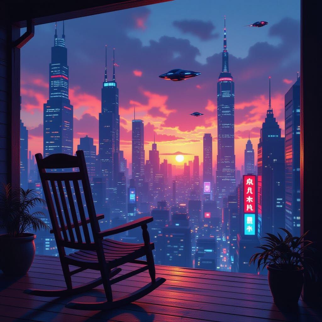 Cyberpunk Cityscape at Sunset with Flying Vehicles