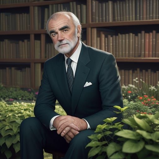 Sean Connery Amidst a Library Garden in Elegant Portrait Sty...