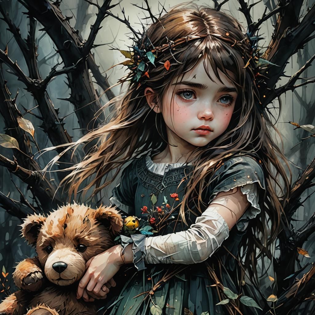 Girl with Teddy in Thorns: Watercolor Art