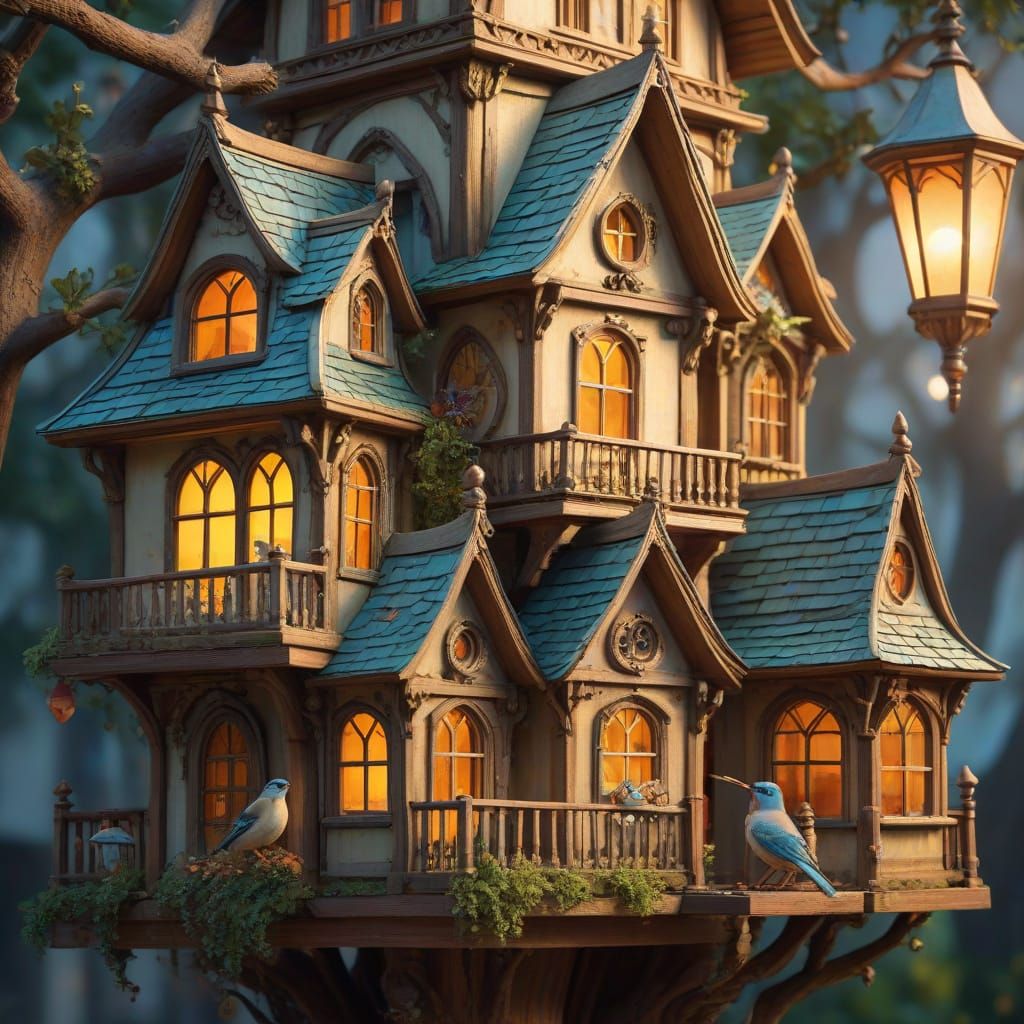 Birds Inspecting Whimsical Birdhouse Mansions