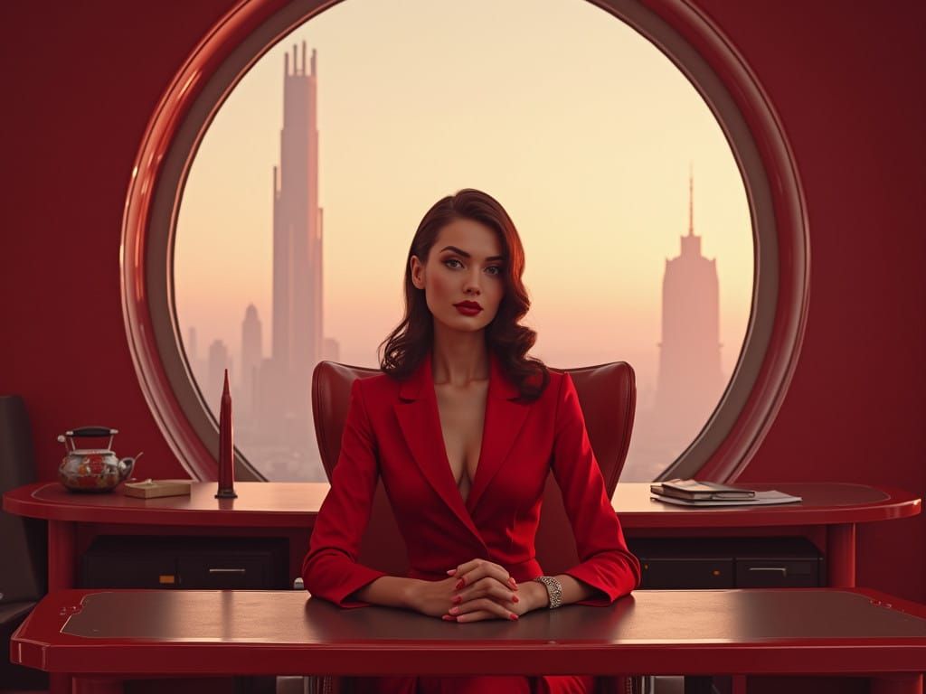 Glamorous Businesswoman in Scarlet Suit in Futuristic Office