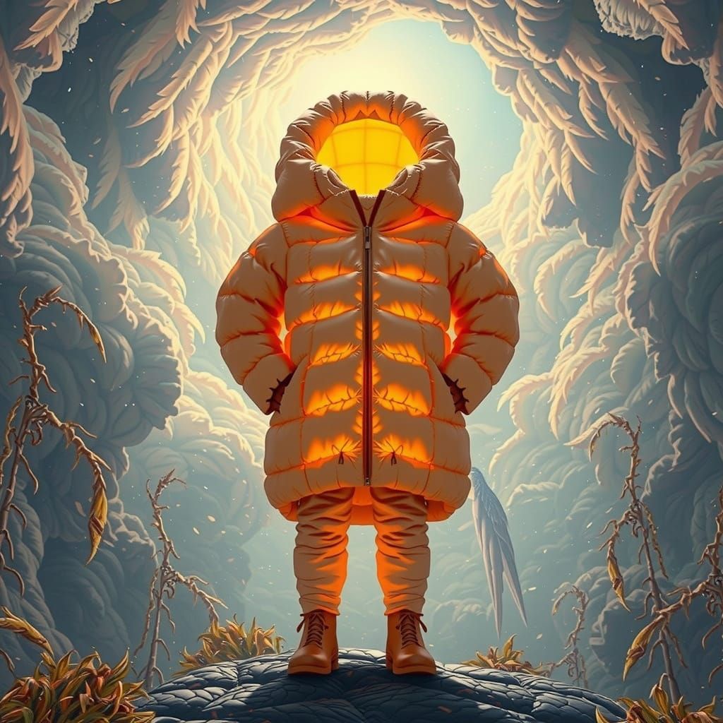 Ethereal Down Jacket Radiates Golden Glow in Dreamlike Atmos...
