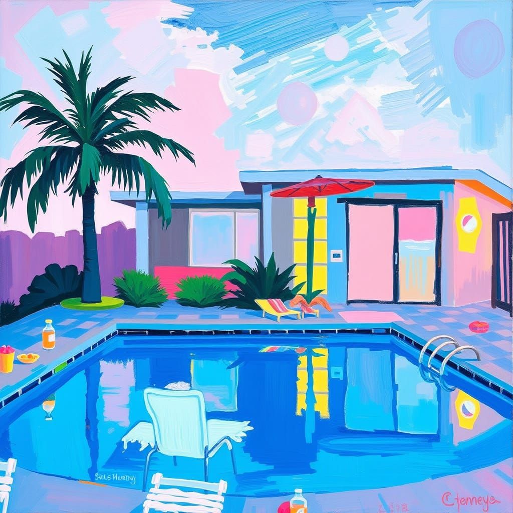 Vibrant Expressionist Scene with Neon Accents and Palm Trees