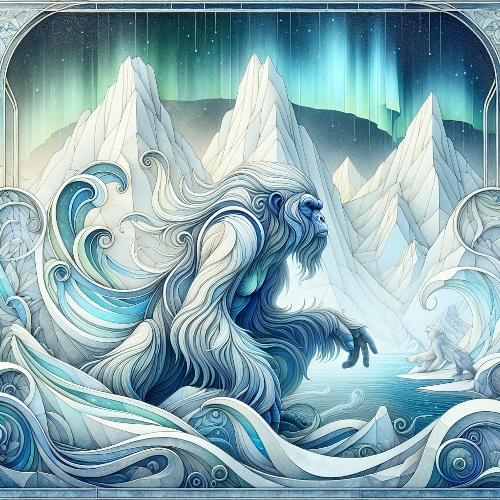 Arctic Paradise: Majestic Ape Emerges from Frosty Portal