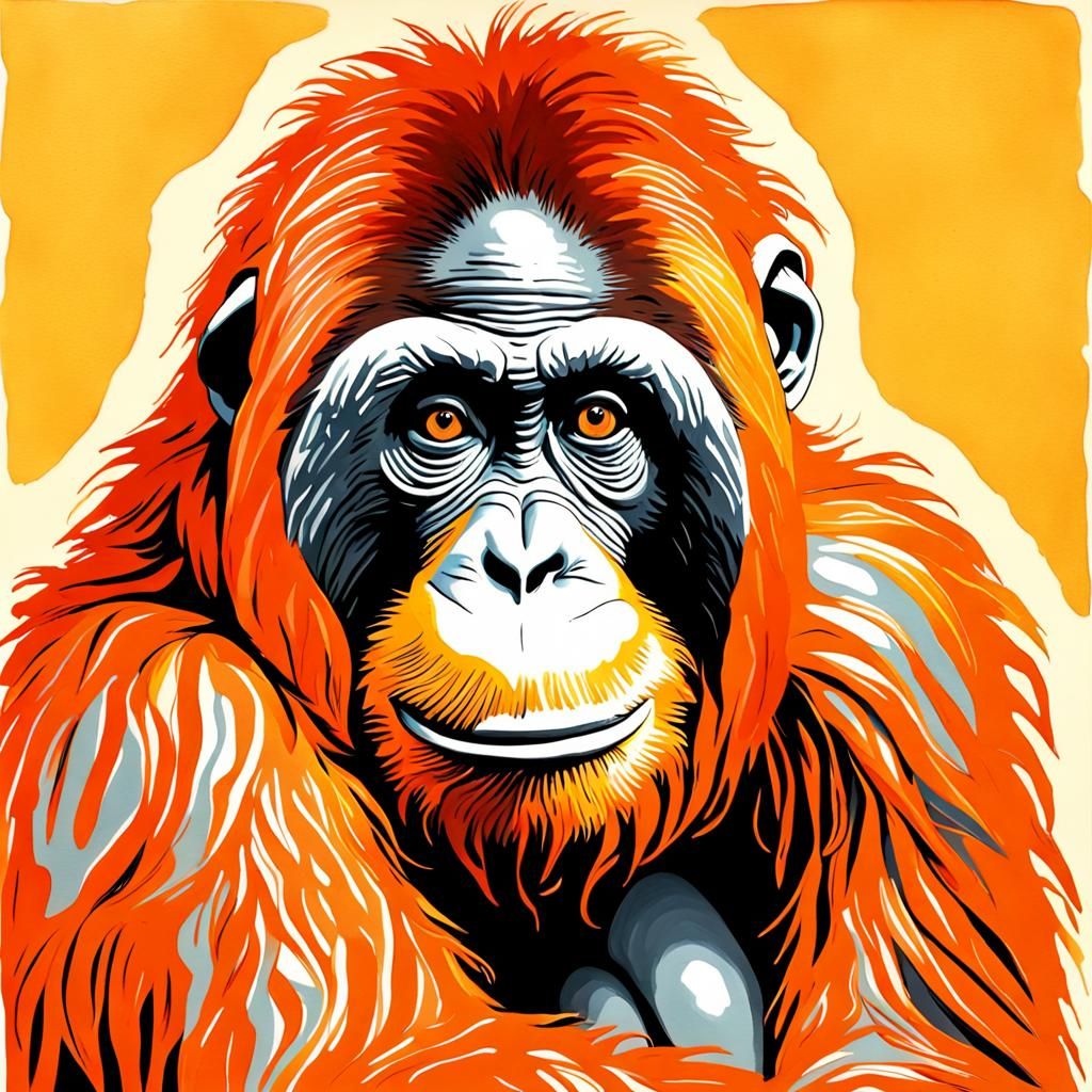 Orangutan Finger Painting in Gouache