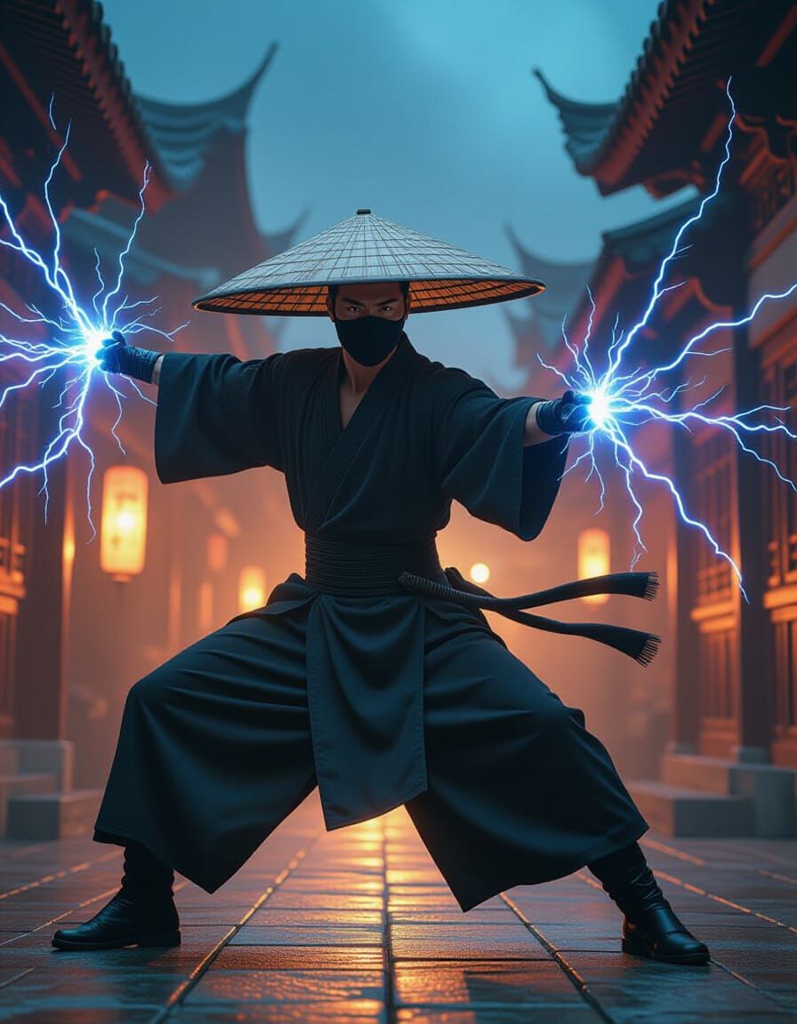 Martial Artist Assassin Wielding Lightning in Dark Alley