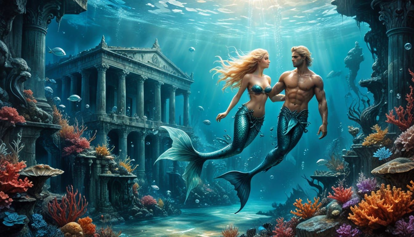 Greek Mythology Mermaid Couple in Underwater City of Atlanti...