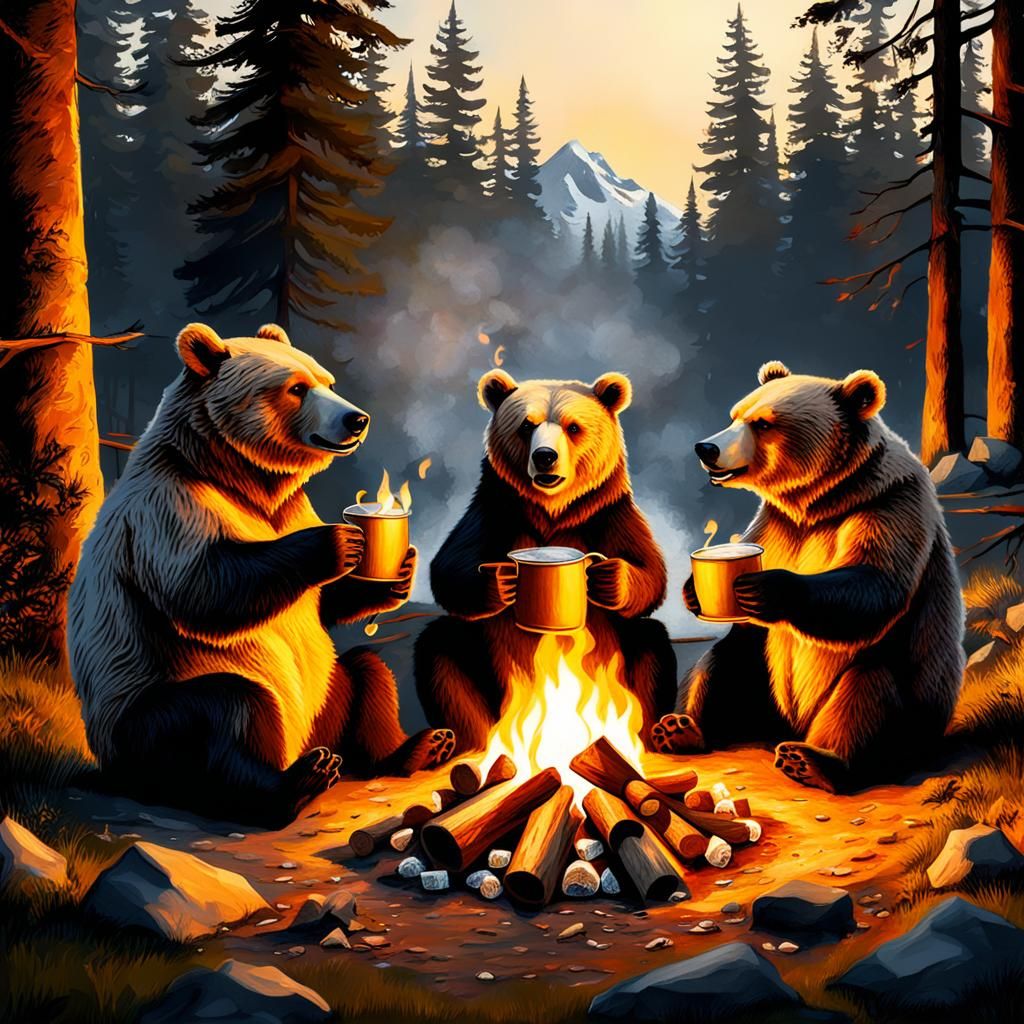 realistic 3 bears toasting marshmallows campsite