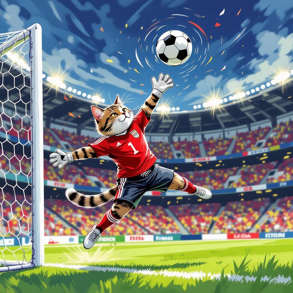 Cat Goalkeeper Leaping for Soccer Ball, Graphic Novel Style