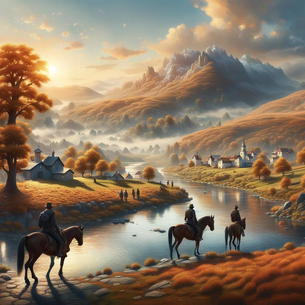 Riverside Town Landscape in Photorealistic Style