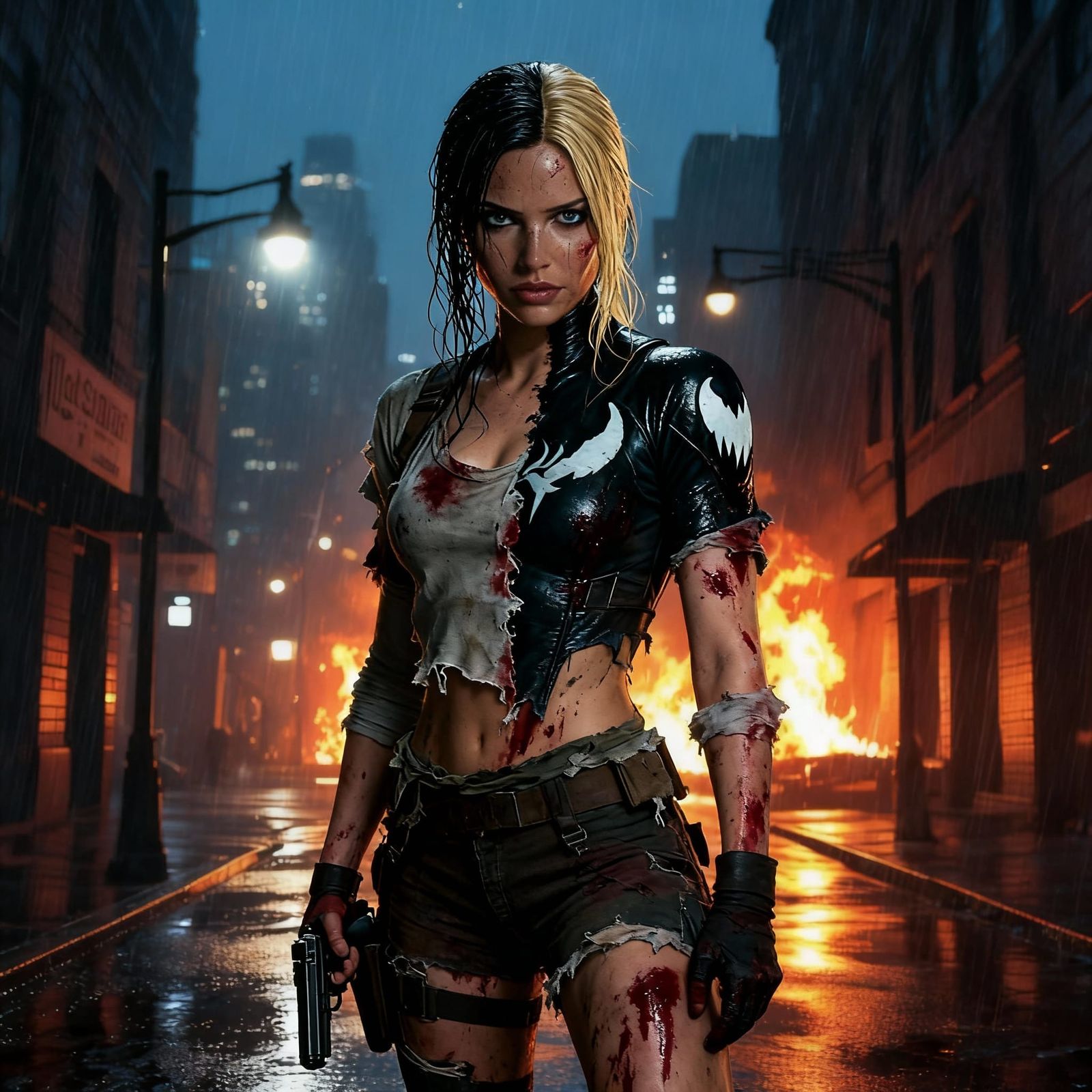 Lara Croft in Spiderman-Venom Suit Amidst Fiery City Chaos