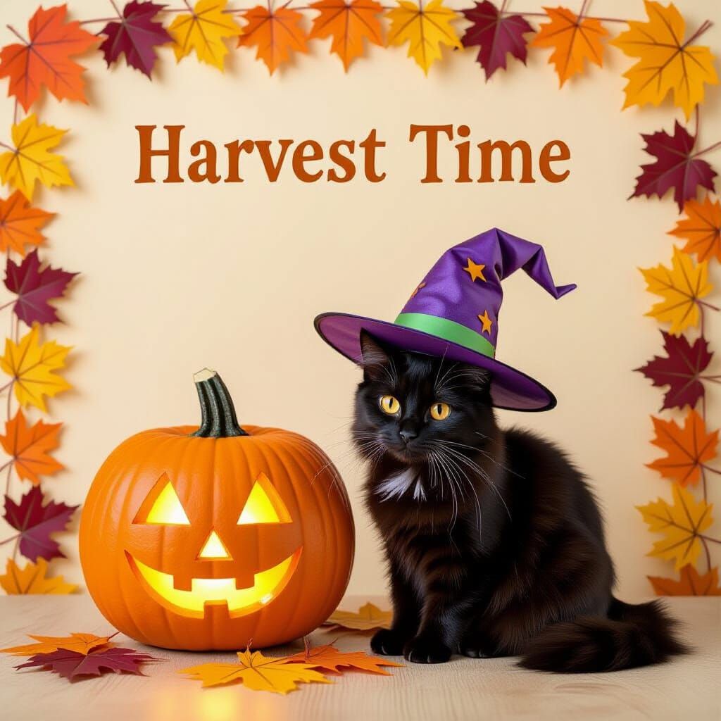 Whimsical Harvest Scene With Glowing Jack-o'-Lantern and Cat