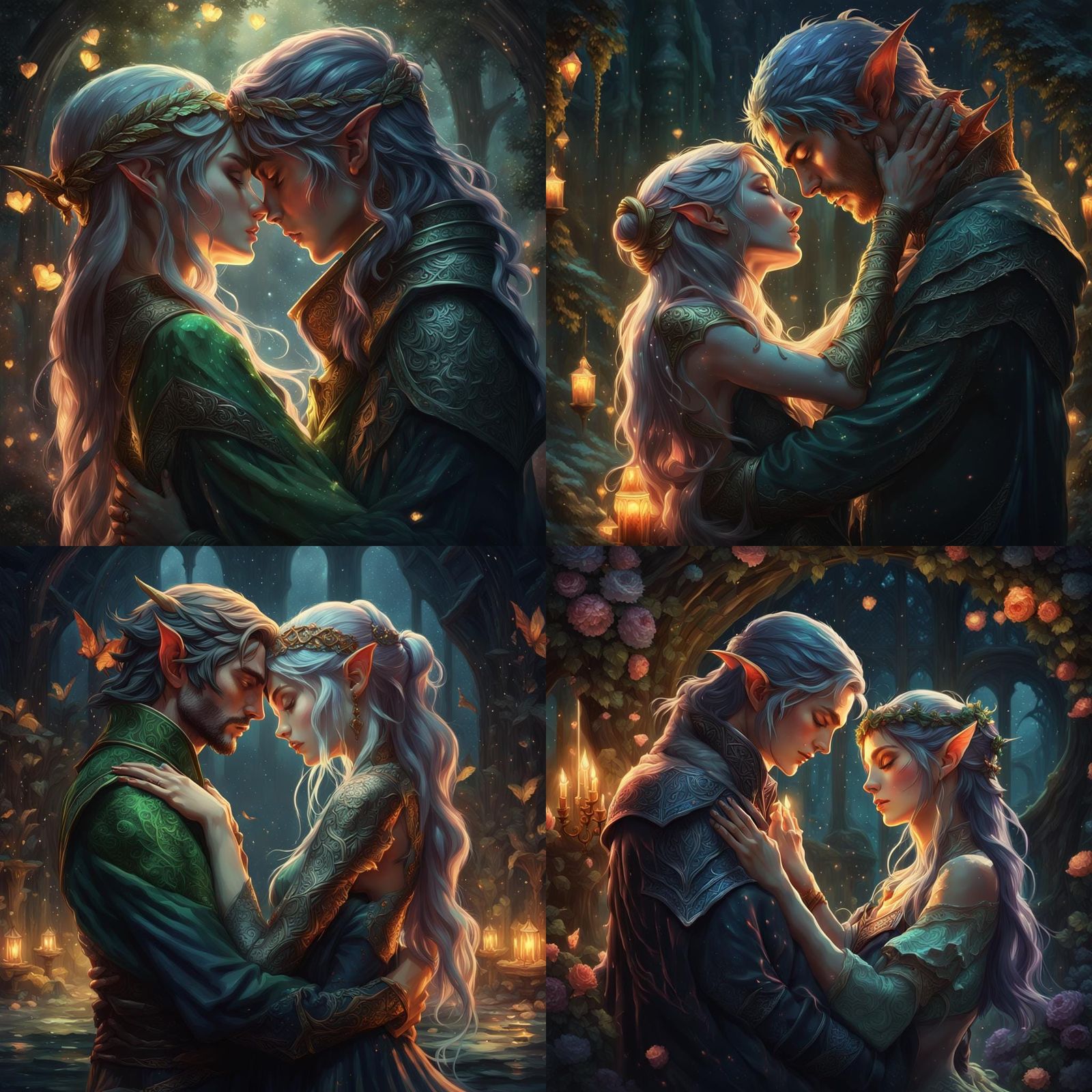 Romantic Elf Lovers Embrace in Anime Oil Painting
