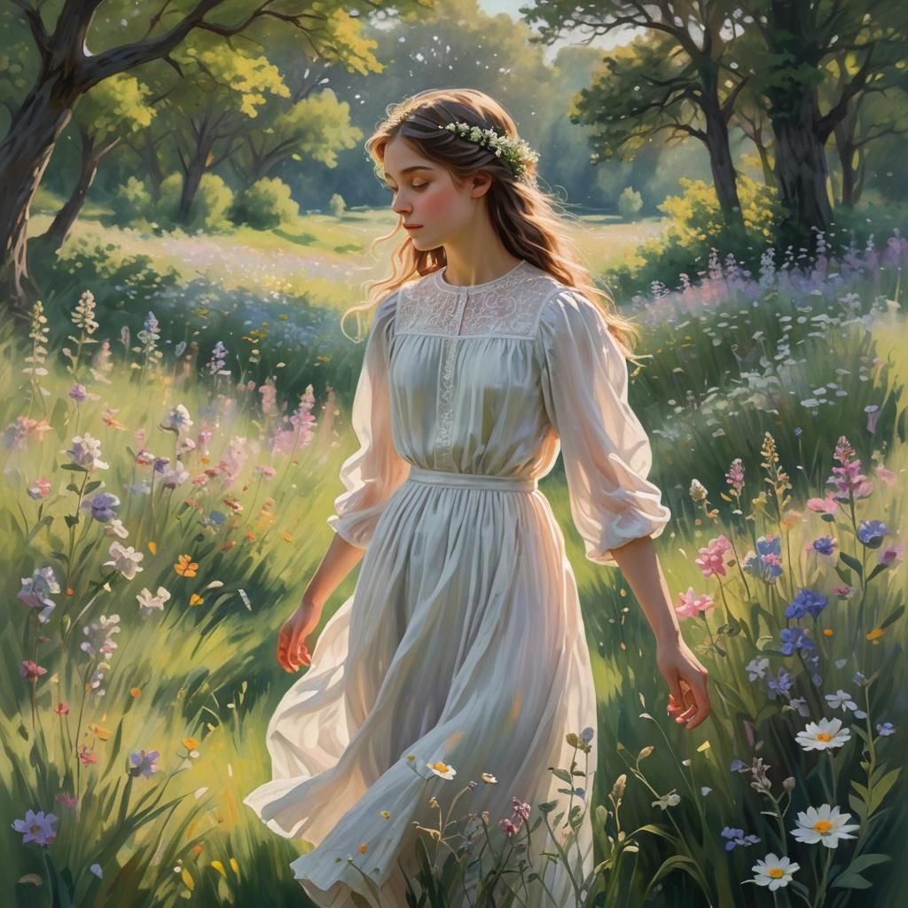 Ethereal Girl in Meadow: Soft Pastel Impressionism