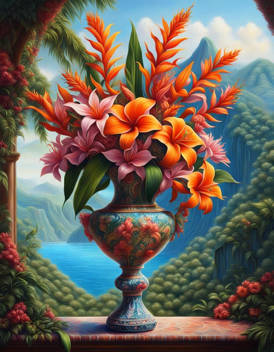 Tropical Flower Arrangement in Hyperrealistic Oil Painting