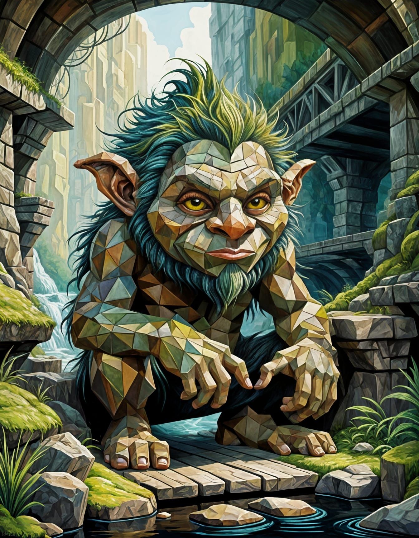 Moss Troll Under Bridge in Geometric Cubism Style