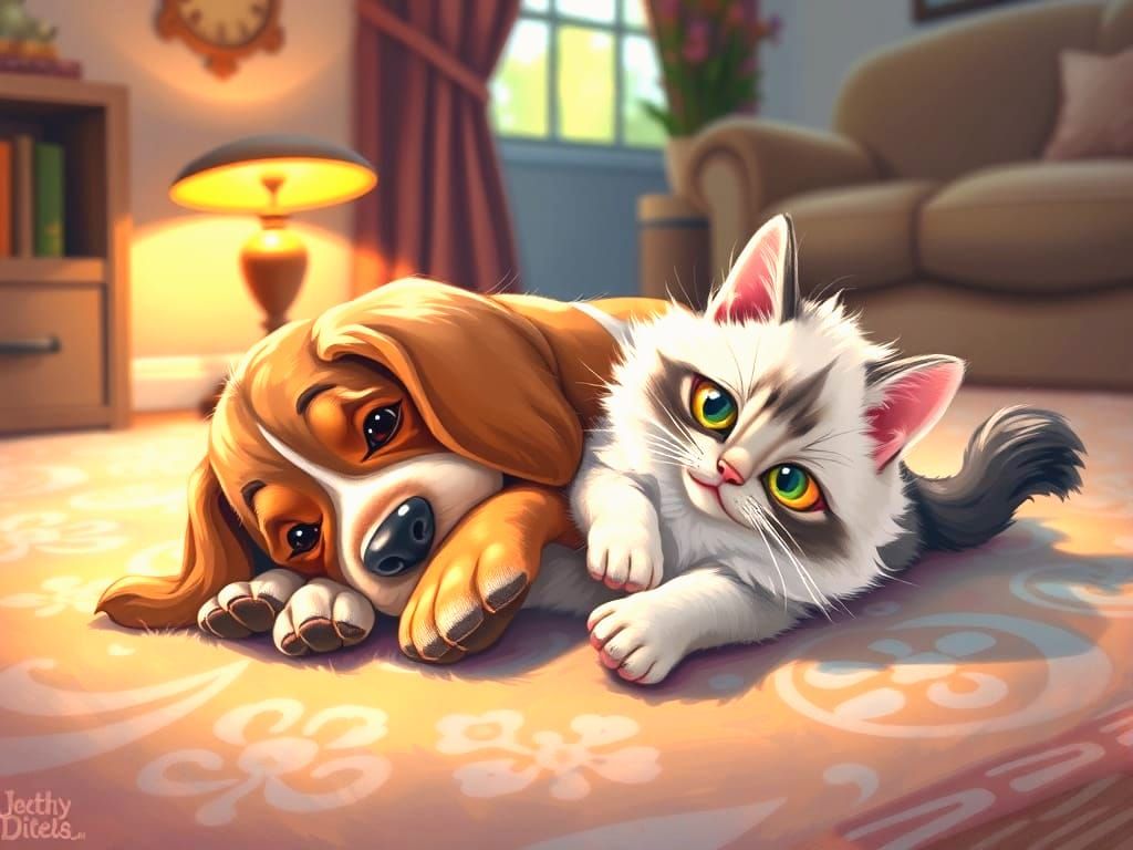 Puppy Basset Hound and Kitten Play on Living Room Carpet