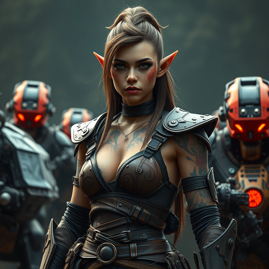 Elf Warrior Leads Mech Platoon in Dark Fantasy Style