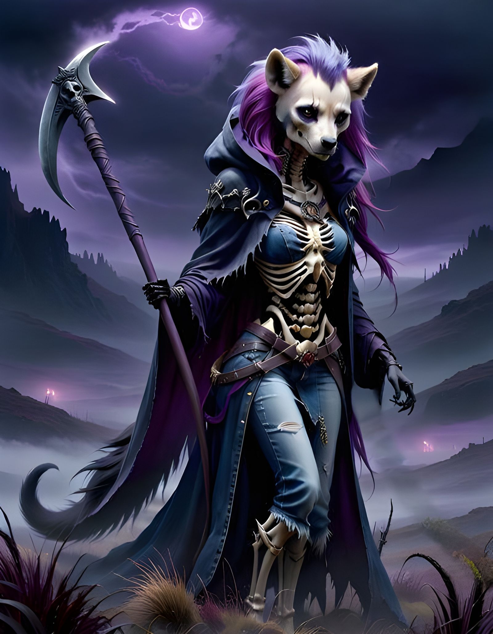 Furry Hyena Grim Reaper in Foggy Moors