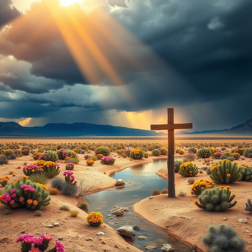 Surreal Desert Oasis with Blooming Cacti and Cross in Golden...