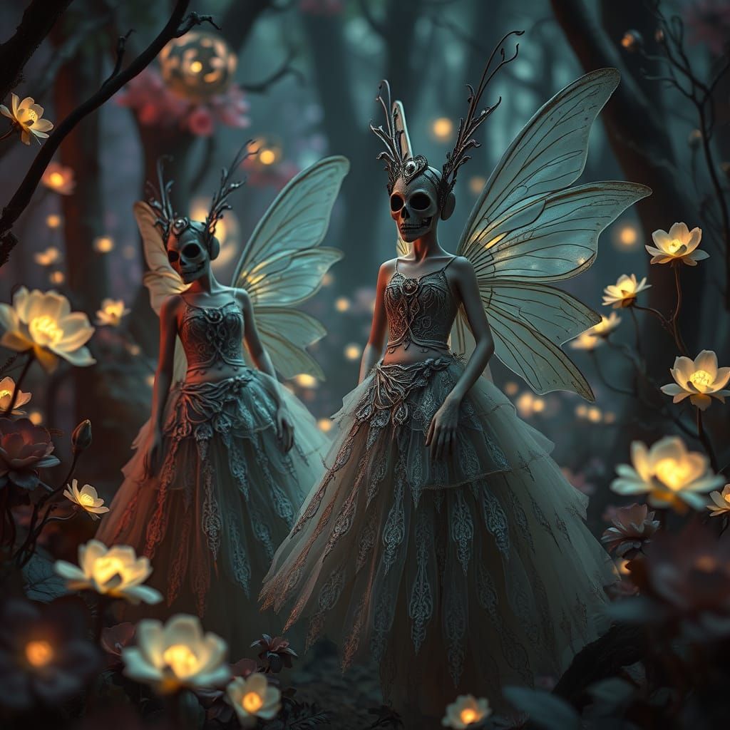 Eerie Fairies with Skull Masks in Dark Forest