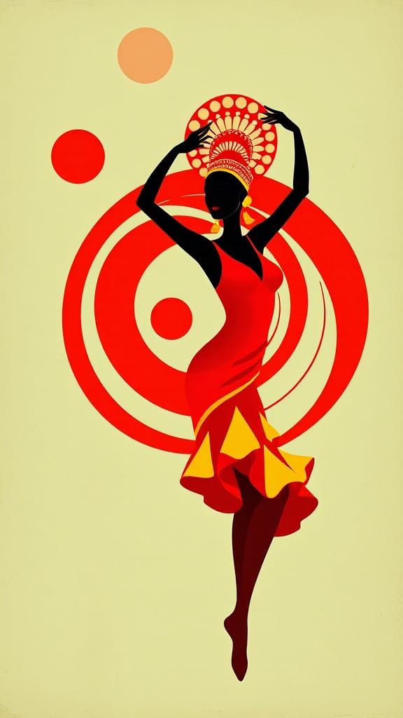 Silhouette Dancer in Red with Swirling Background