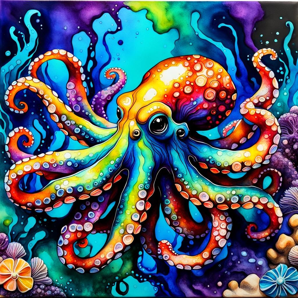 Vibrant Octopus in Alcohol Ink Style