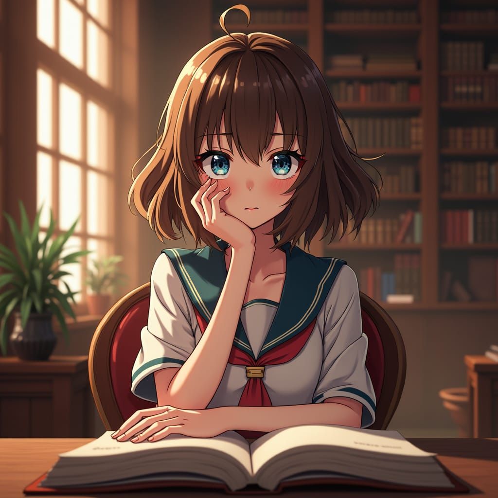 Anime Girl in Cozy Study, Hyper-Realistic 8k Art