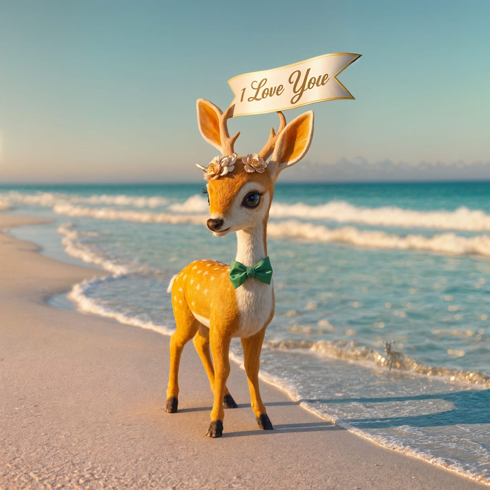 Golden Baby Deer on Beach Banner of I Love You in Detailed F...