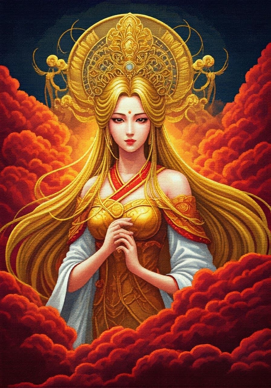 Golden Goddess Amongst Vibrant Red Clouds in Anime Needlepoi...